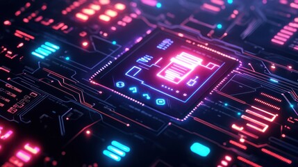 Obraz premium A vibrant, futuristic circuit board design highlighting technology and digital innovation.