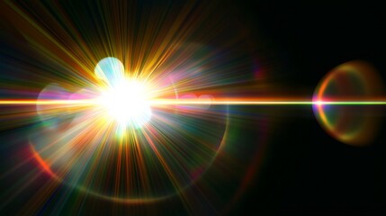 Bright and Vibrant Abstract Light Burst on Black Background with Radiating Rainbow-like Lines; Dreamy and Ethereal Digital Art Piece