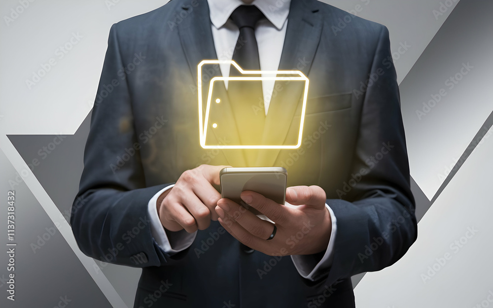 Poster accessing digital files: a businessman in a sharp suit uses his smartphone to access important files