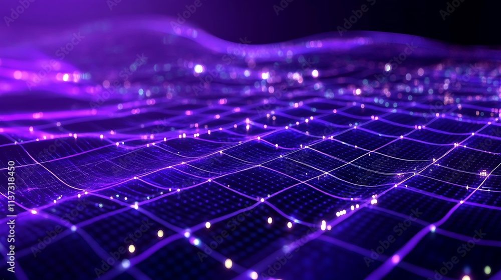Poster Abstract 3D Visualization of Wavy Digital Grid with Purple Light and Glowing Particles in a Futuristic Space
