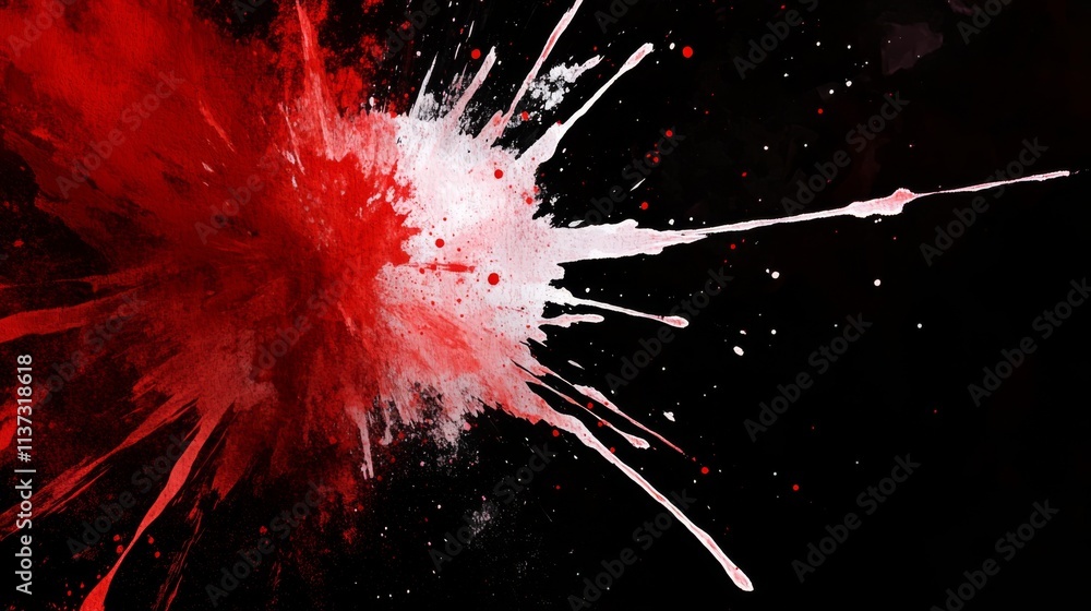 Poster abstract chaotic red paint splatters on black background creating dynamic composition with vibrant c