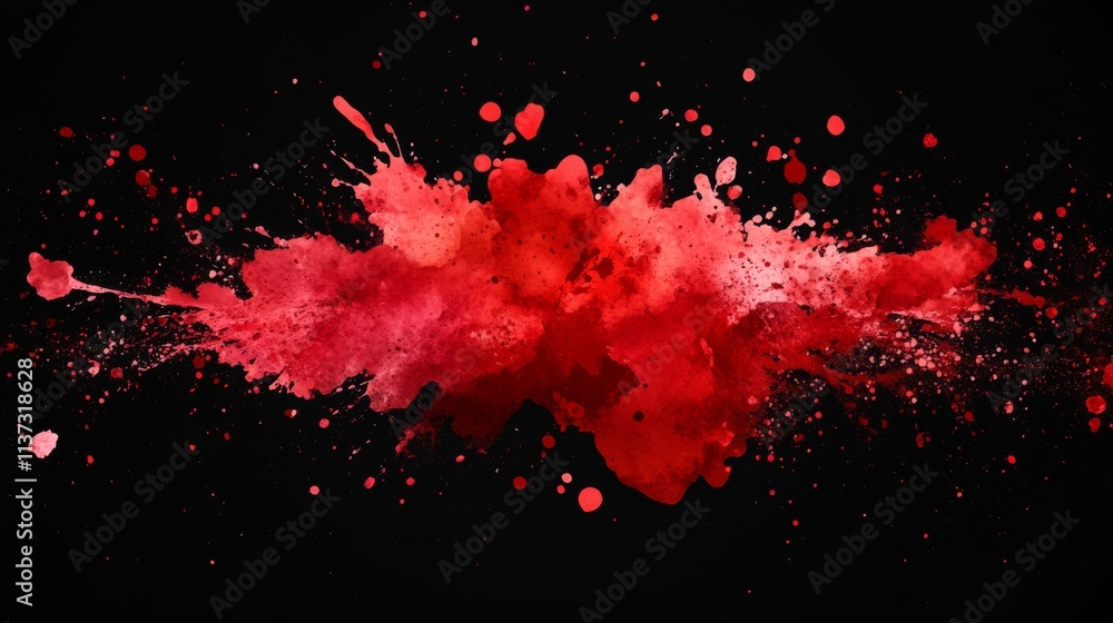Poster abstract digital art: chaotic red paint splatters on black background creating dynamic composition