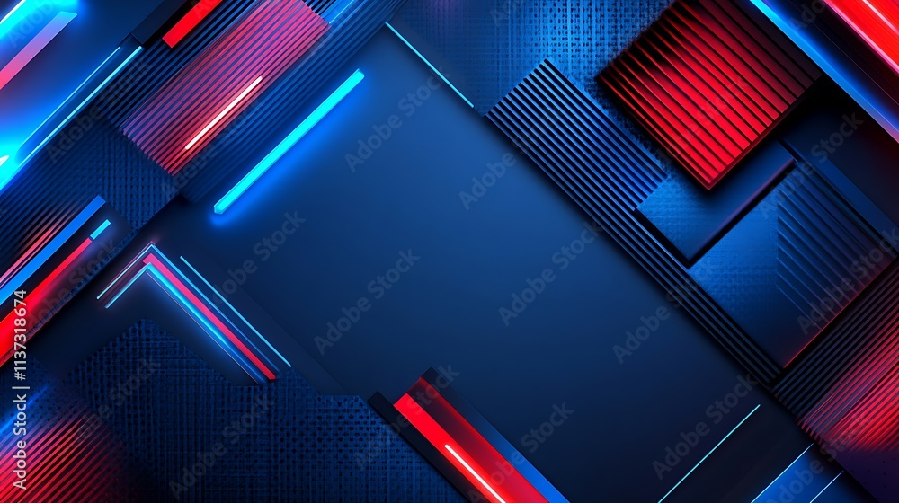 Poster abstract background with geometric shapes and neon lights in red and blue colors for modern design p