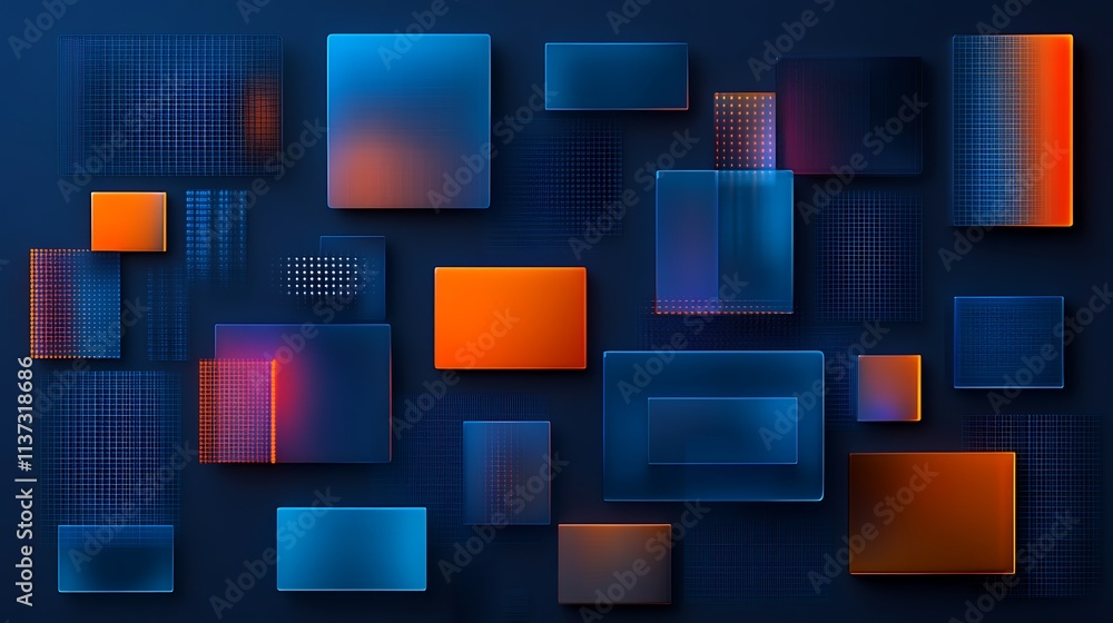 Poster abstract background with gradient squares and rectangles in blue and orange on dark canvas