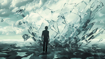 Fractured dimension: surreal, distorted, shattered glass, kaleidoscopic shapes, ethereal landscapes. Shattered. Illustration