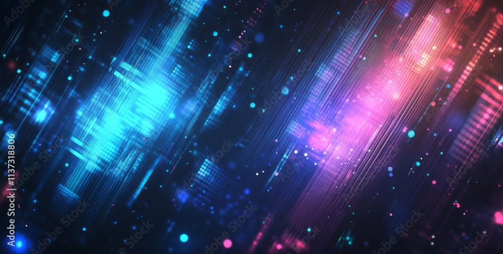 Poster futuristic abstract background with dark blue and pink colors, glowing dots in diagonal pattern, rep