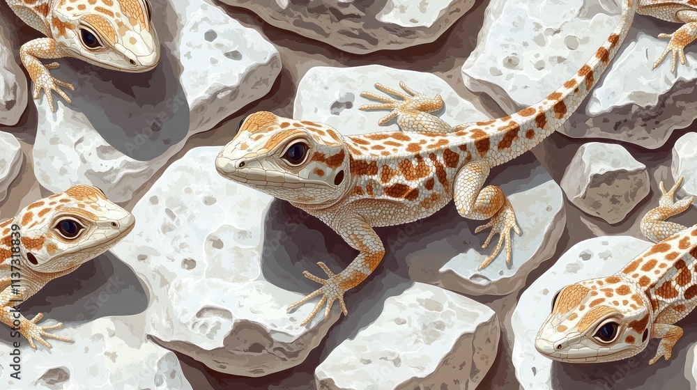 Poster a group of geckos resting on rocky terrain, showcasing their unique patterns and colors.