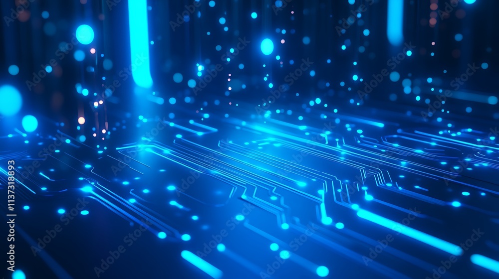 Poster abstract blue digital background with glowing lines and particles for technology and sci-fi concepts