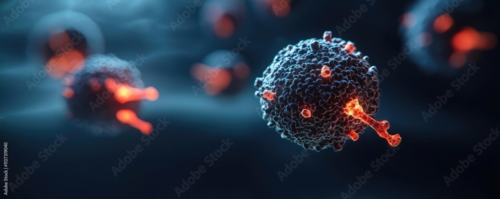 Poster cancer cells concept. close-up of virus particles showcasing intricate structures and glowing featur