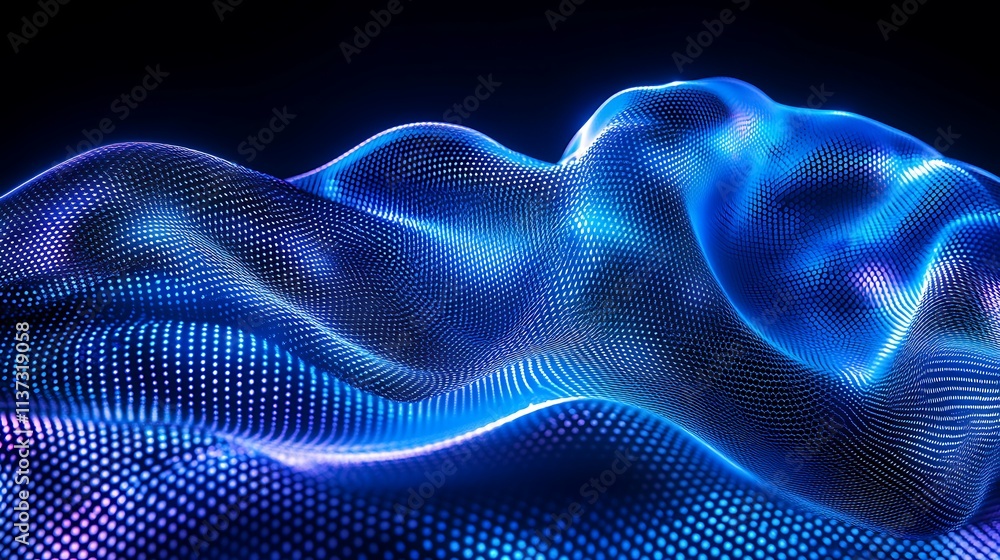 Poster abstract blue wave pattern with dots and light flowing smoothly in dark background