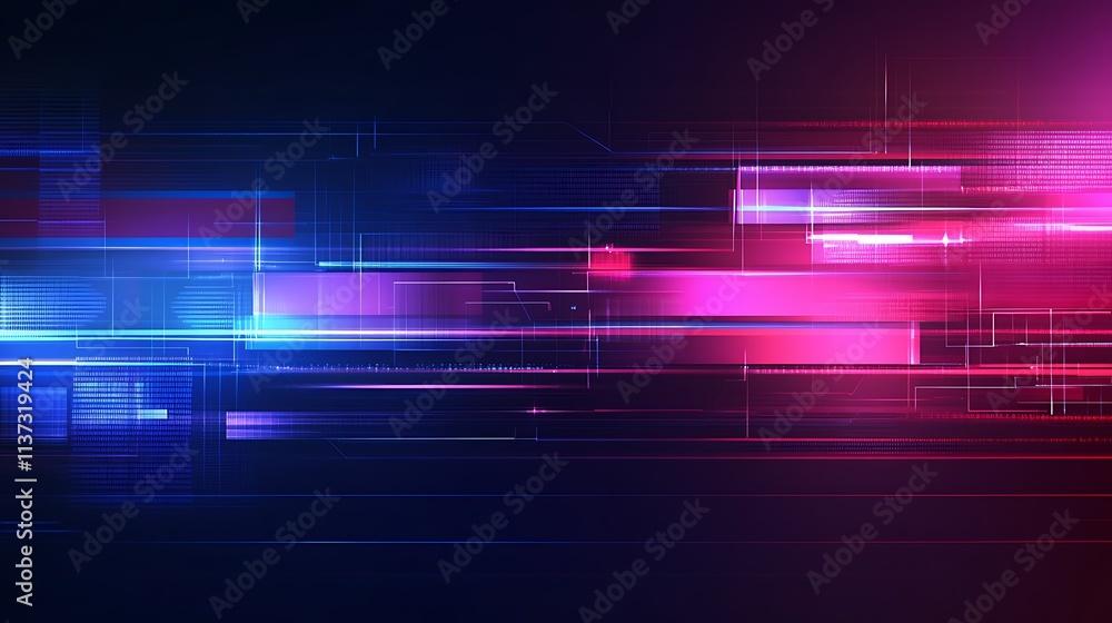 Poster abstract colorful light trails with digital effects on dark background for futuristic designs and te