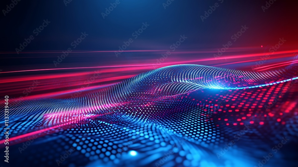 Poster abstract colorful light waves with dots and glowing lines in blue and red shades for technology back