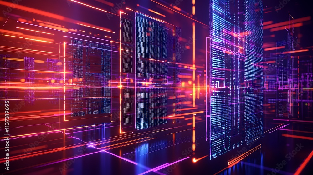 Poster abstract data visualization with neon lights and futuristic patterns in a digital space
