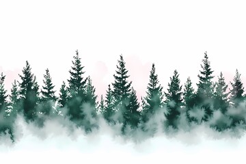 Obraz premium Serene Landscape of Evergreen Trees Surrounded by Misty Atmosphere