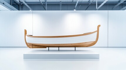 A boat is on display in a white room