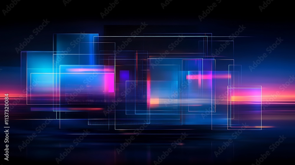 Poster abstract digital background with colorful geometric shapes and light effects in futuristic style