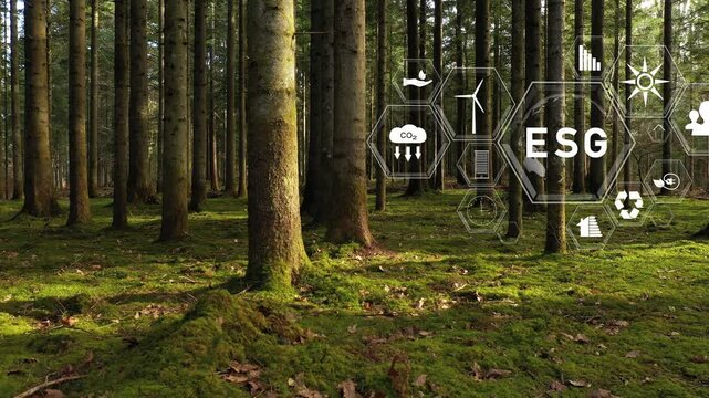 ESG icons inside slow moving sunny green forest landscape. Concept ecology and environment business background.