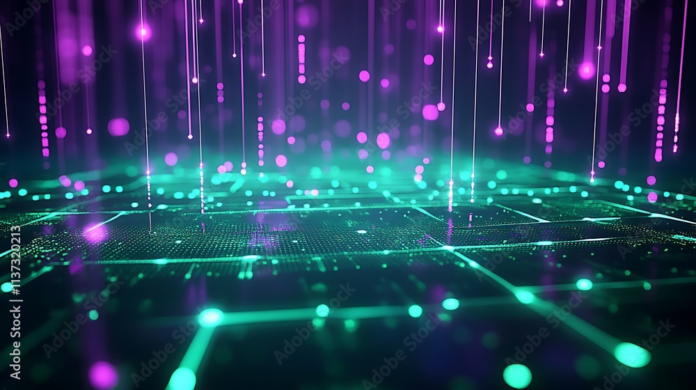 Poster abstract digital background with flowing particles in purple and green hues creating a futuristic at
