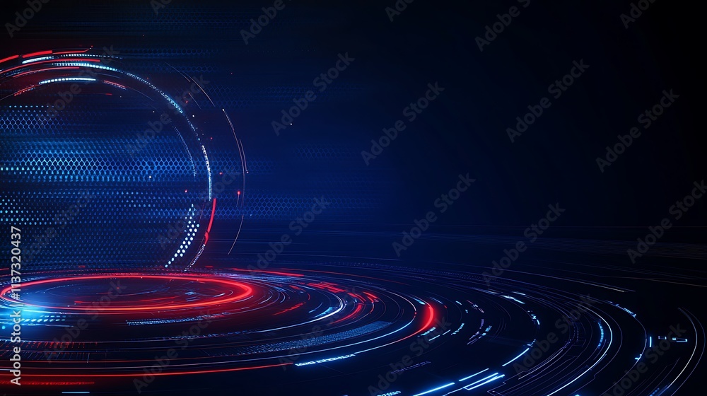 Poster abstract digital background with glowing circles and lines in blue and red colors for technology or 