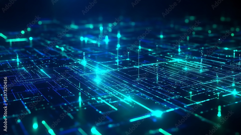 Poster abstract digital background with glowing data connections and matrix elements in blue and green tone