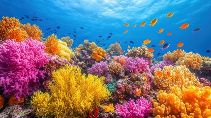 Naklejka premium Vibrant coral reef teeming with colorful fish and diverse marine life.