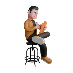 Cartoon Style 3D Model of Film Director. A male director sits with his left leg crossed while holding a pencil and clipboard with both hands, writing expression. Illustration Design