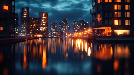 Obraz premium Capture the breathtaking beauty of a modern city skyline at night, showcasing vibrant lights reflecting on calm water under a dark sky. Perfect for urban-themed projects.