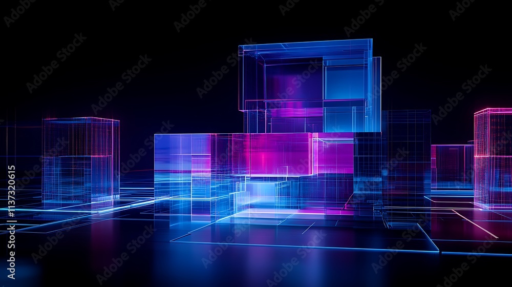 Poster abstract digital background with glowing neon cubes in violet and blue for technology and science co