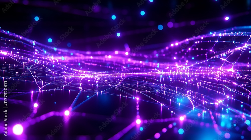Poster abstract digital background with glowing pink and blue light particles in a network visualization