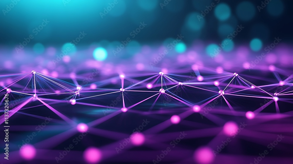 Poster abstract digital background with glowing purple lines and bokeh lights in a futuristic technology th
