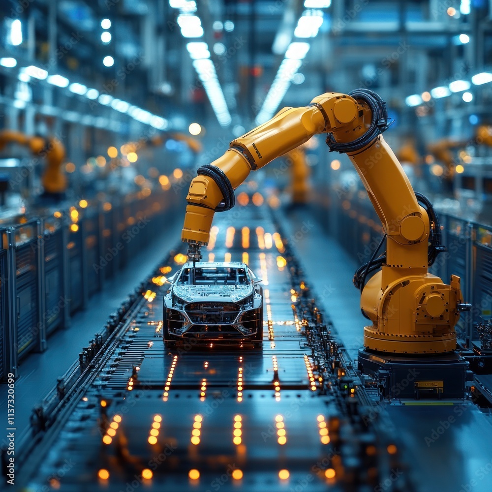 Poster a robotic arm assembling a car on a factory production line in a high-tech environment.