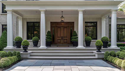 Obraz premium Traditional Front Door of Elegant Home with Large Columns and Clear Glass Windows