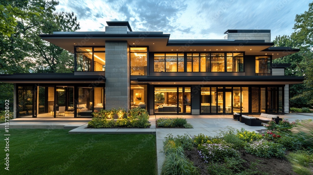 Poster a stunning modern house showcases a sleek design with large glass windows, creating a harmonious ble