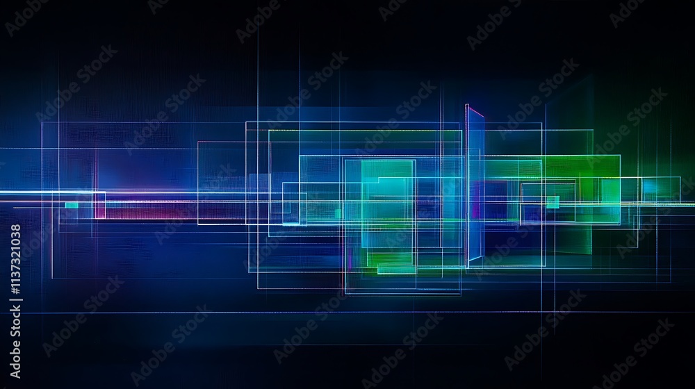 Poster abstract digital geometry with colorful light effects and geometric shapes on dark background