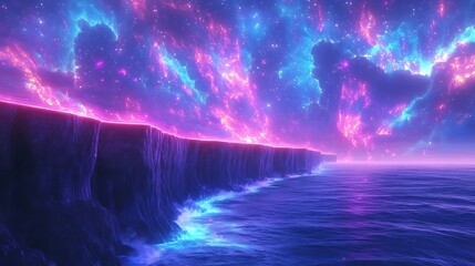 Fototapeta premium Vibrant cosmic nebula over a glowing cliff and ocean.