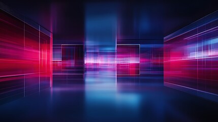 Abstract Digital Corridor with Vibrant Red and Blue Light Streaks in Futuristic Space Environment