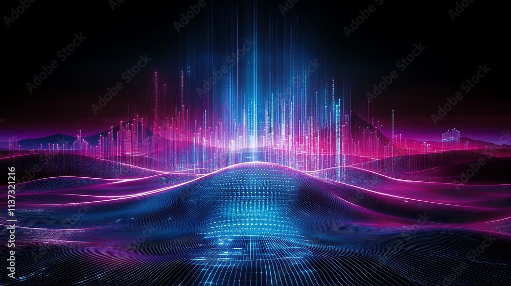Poster abstract digital landscape with colorful light trails and vibrant gradients in a futuristic setting
