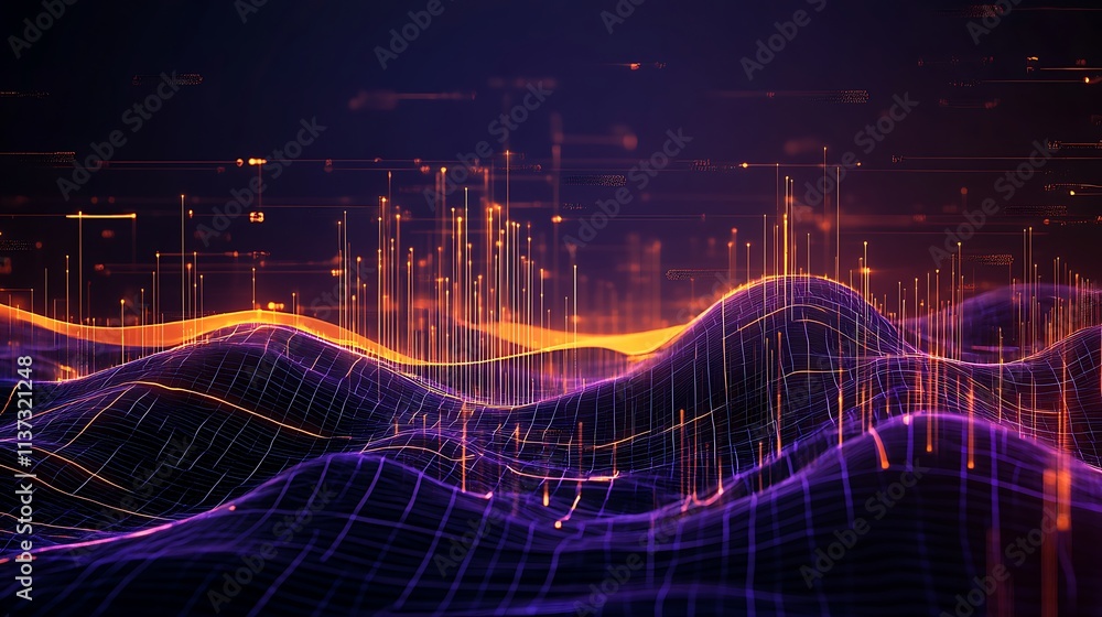 Poster abstract digital landscape with colorful waves and data visualization elements in futuristic design