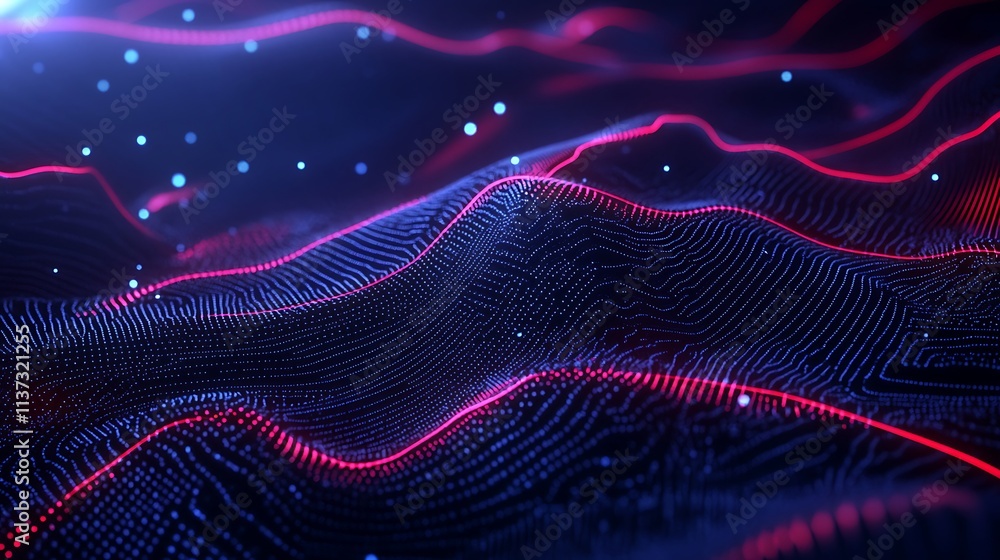 Poster abstract digital landscape with flowing curves and luminous particles in futuristic colors and patte