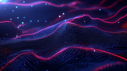 Abstract digital landscape with flowing curves and luminous particles in futuristic colors and patterns