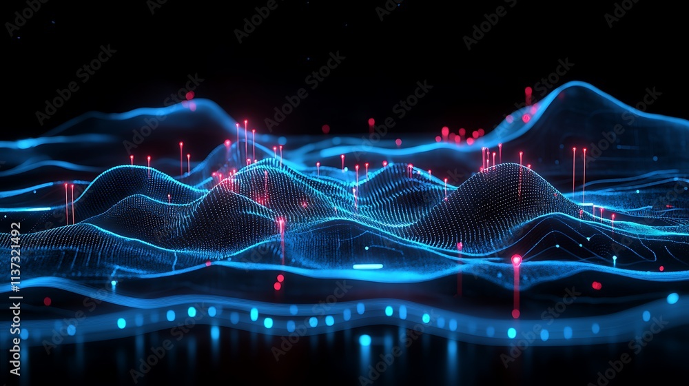 Poster abstract digital landscape with fluid waves featuring blue and red data points on black background