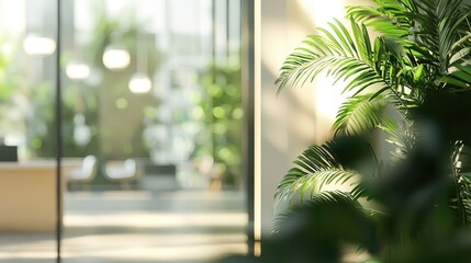 A serene view of a modern office space featuring blurred glass walls and indoor plants, creating a calming atmosphere perfect for productivity and collaboration.