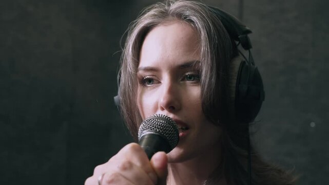 Female Trap and hip-hop singer in headphones and passionately singing into microphone during studio session.