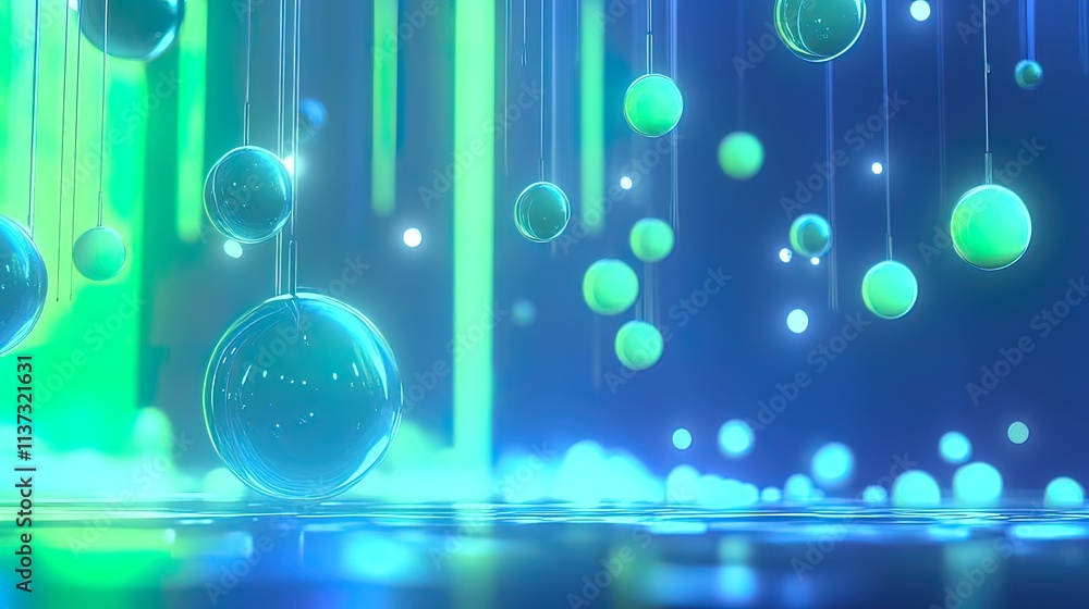 Poster abstract background with glowing green and blue spheres hanging from strings against a dark backdrop