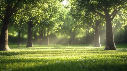 Obraz premium A serene woodland scene captured with sunlight filtering through vibrant green trees, creating a peaceful and picturesque atmosphere in nature s embrace.