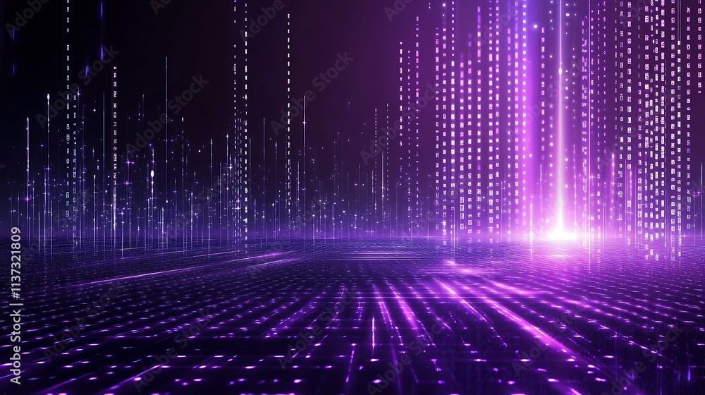 Poster abstract digital landscape with glowing purple lights and patterns in a futuristic setting