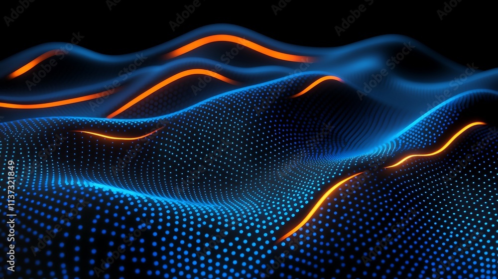 Poster abstract digital landscape with glowing waves and colorful dots on a dark background in modern graph