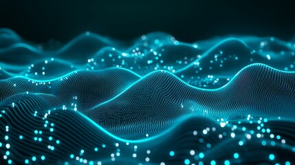 Abstract Digital Landscape with Glowing Waves and Particles in a Futuristic Technology Background