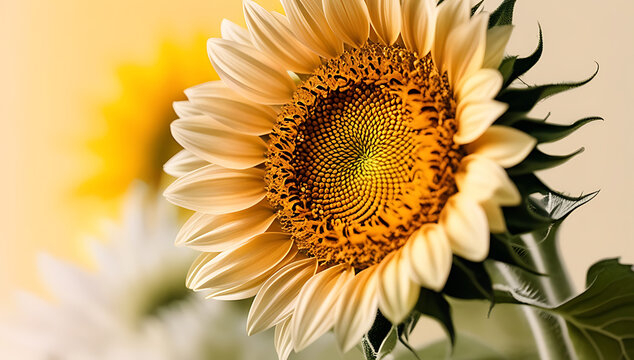 &ldquo;Sunflower Field Close-Up on Solid Background&rdquo; &ndash; A vibrant, detailed close-up of a sunflower with petals and seeds in focus, displayed against a solid pastel-yellow background, emphasizing natural bea