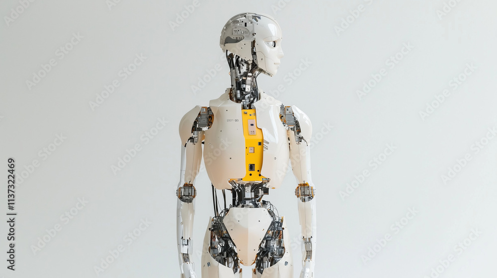 Poster humanoid robot: a striking, minimalist image of a humanoid robot, its intricate mechanical structure